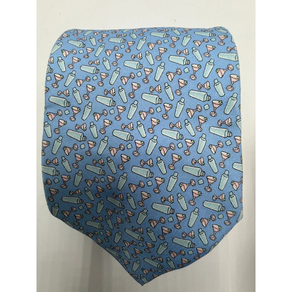 Vineyard Vines Mens Silk Tie Blue Martini Cocktail Shaker Barware Print 2003577